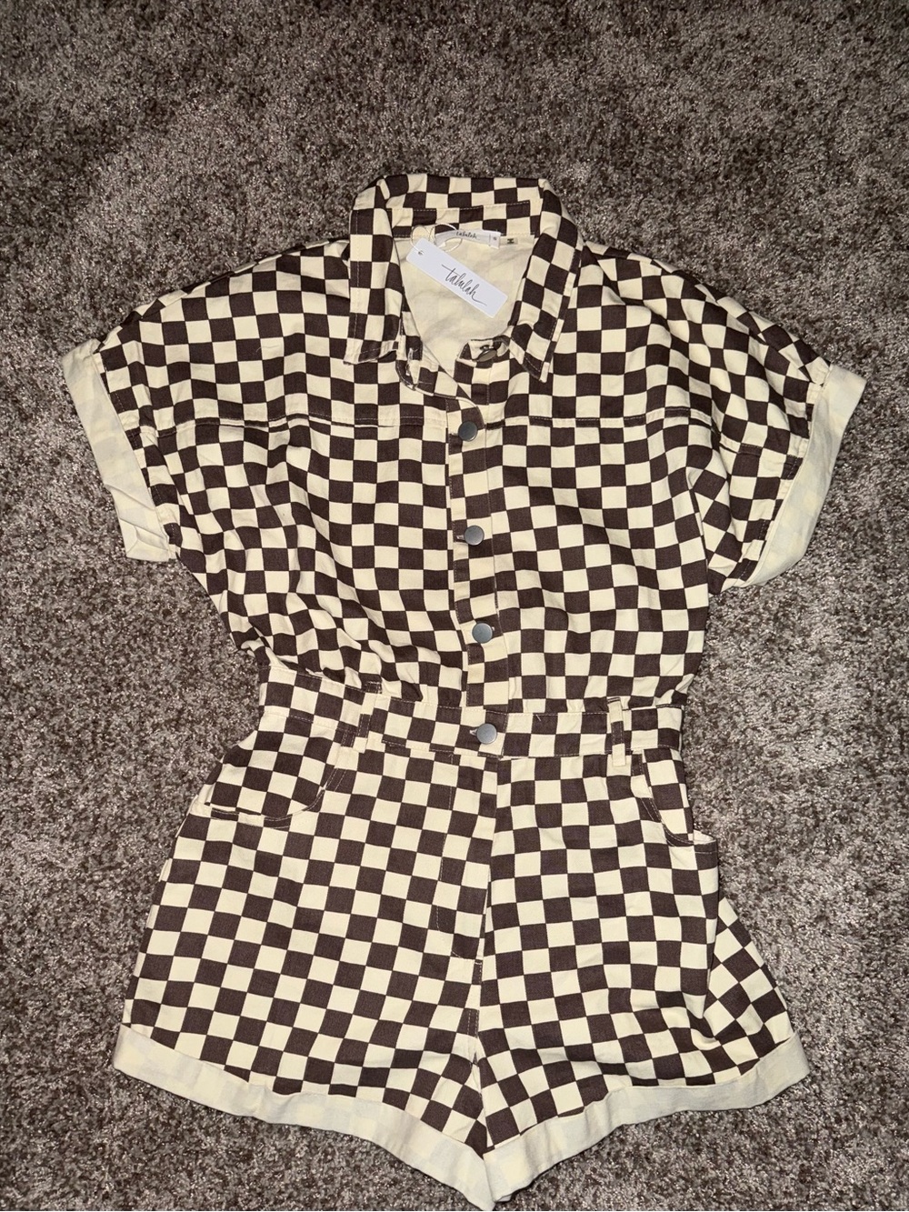 Tahlah Women’s Small Brown Cream Checkered Romper Short Sleeve Button Front NWT